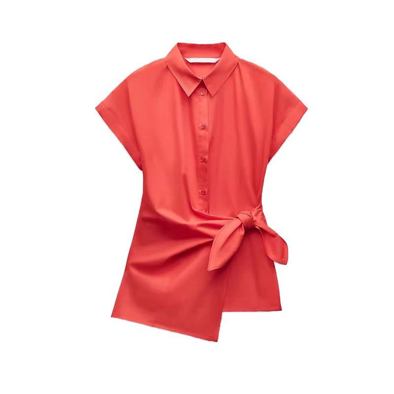 Spring New Temperament Work Clothing Lapel Short Sleeve Poplin Shoelace Shirt 4043050 9479048 3360