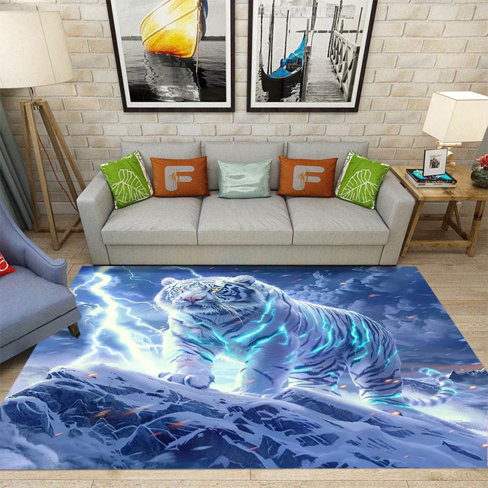 Dual Tiger with Ice Flame Effects Living Room Large Carpet  White Tiger Patterns Anti-slip Rug for Home Decor
