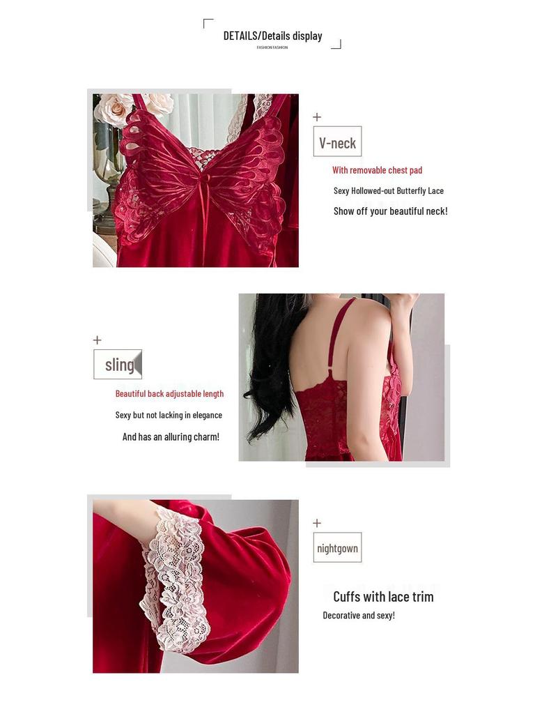 Women's Gold Velvet Butterfly Lace Pajama Set – Camisole and Beautiful Back Sleepwear with Chest Pads for Autumn/Winter.