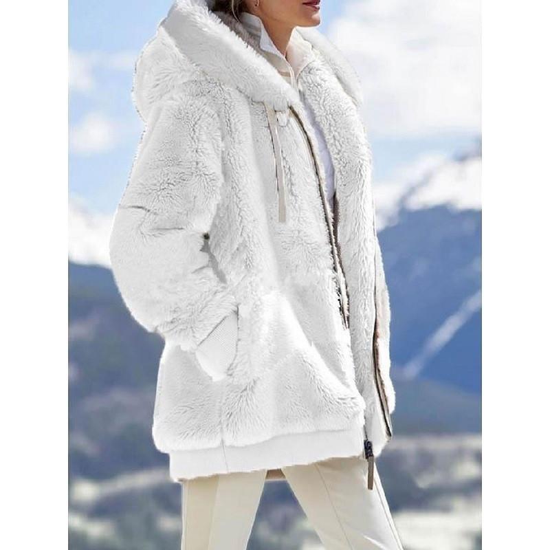 Women s Hood Neck Long Sleeve Fleece Jacket Loose Fit Casual Fuzzy Zip Up Coat S