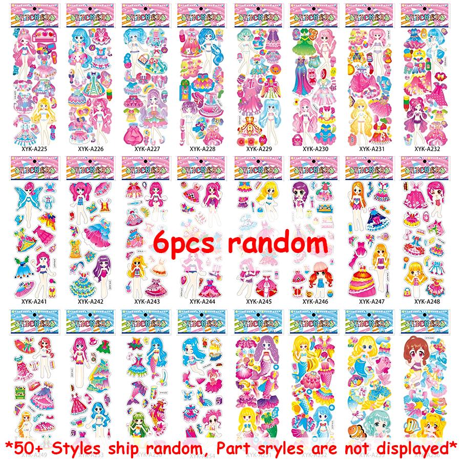 

6-24pcs Costume Change Girl Bubble Stickers 3D Cartoon Creative Princess Self-adhesive Graffiti Stickers Student Reward Stickers