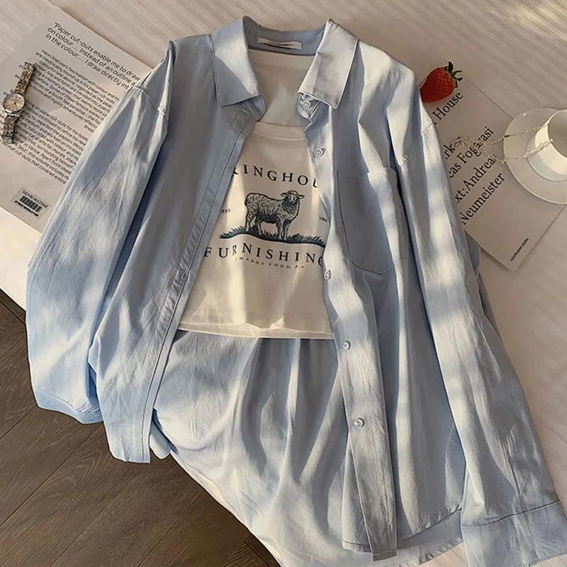 

Lucyever Solid Color Long Sleeve Shirt Women Korean Fashion Loose Single-Breasted Blouses Casual Versatile Simple Lapel Blusas XS синій