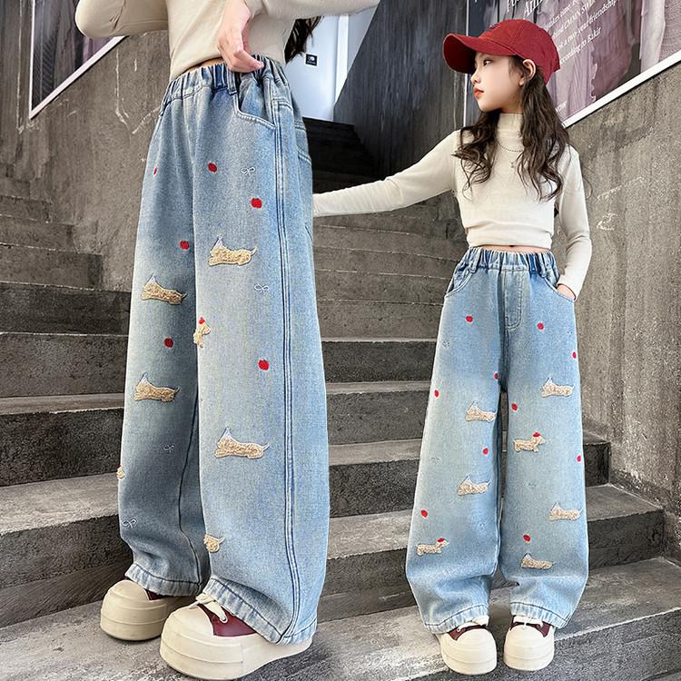 Girls' Straight Leg Pants Cartoon Towel Embroidered Jeans Children's Spring and Autumn Wide Leg Pants