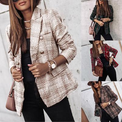 Women Plaid Check Suit Satin Jacket Formal Cardigan Pocket Work  Suit Coat