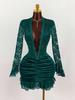 European and American new cross-border fashion temperament long-sleeved lace splicing solid color pleated deep V hip-wrapped short dress dress women