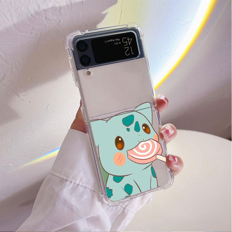 Luxury Case For Samsung Galaxy Z Flip 3 4 5G Funda Z Flip3 Clear PC Hard Shockproof Back Phone Coque Shell Pikachu Pokemon