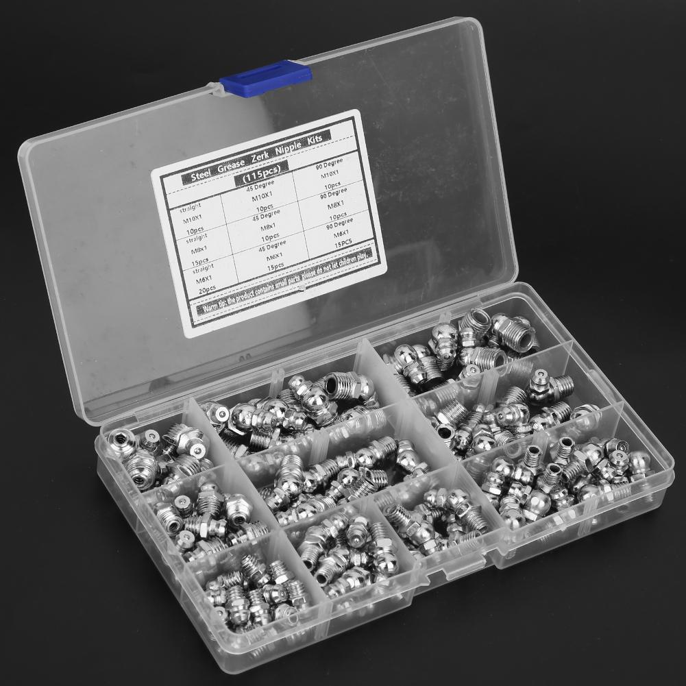 115Pcs Steel Grease Zerk Nipple Fitting AntiCorrosion AntiRust M6 X 1 M8 X 1 M10 X 1