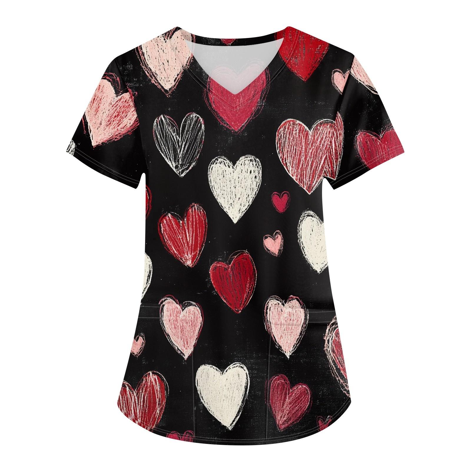 

Женская модная рабочая одежда с V-образным вырезом и короткими рукавами, с карманами, с принтом ко Дню святого Валентина, верхняя одежда для ухода XXXXL