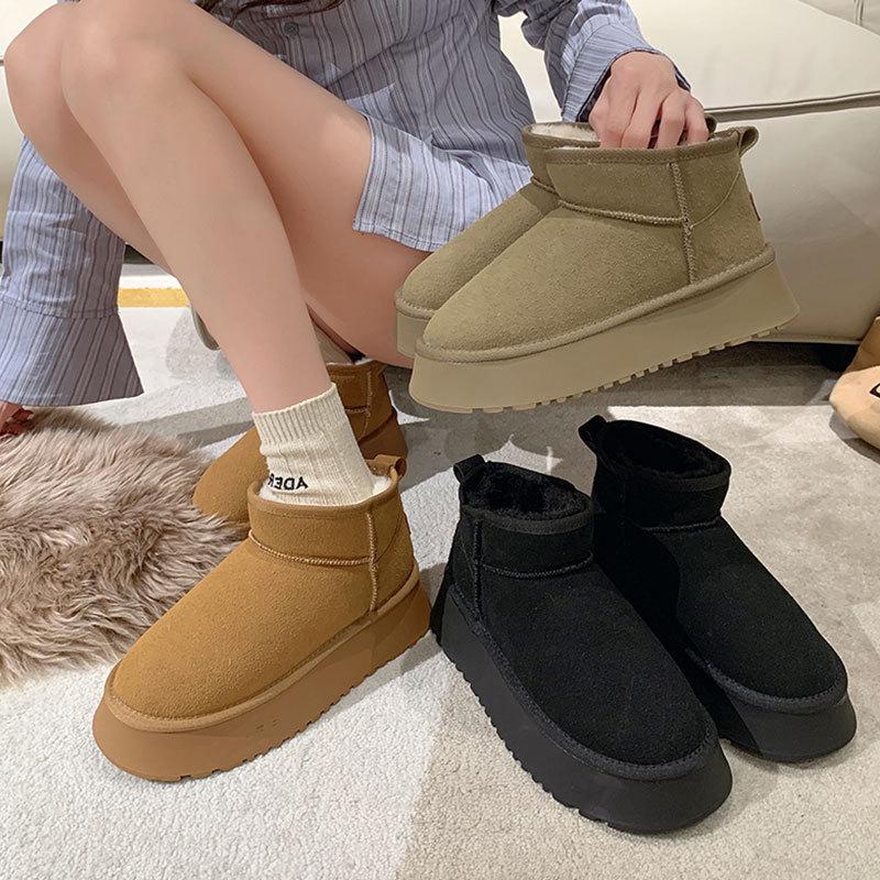 Women's Winter Suede Fleece-Lined Short Boots - Thick Sole, Warm, Fashionable, Casual, Trendy Cotton Boots.