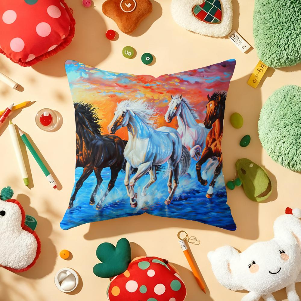 Oil Painting Horse Cushion Cover Plush Fabric Soft Double-Sided Printed Sofa Warm Winter Home Gift Pillow Cover