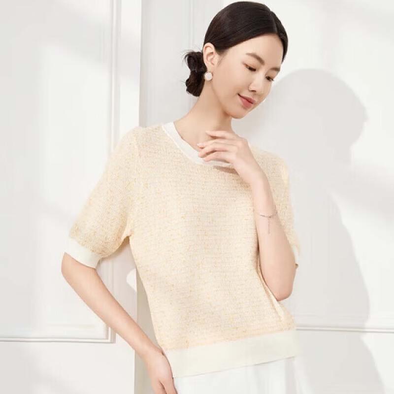 

JESSIE Women s Elegant Round Neck Tweed Short Sleeve Pullover Knit Top AMFFM171 S