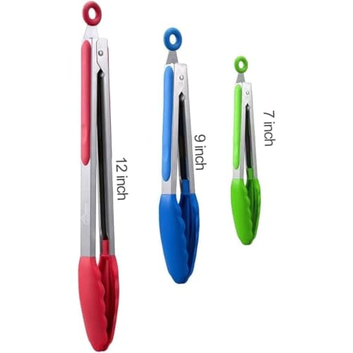 Hotec Prémiové nerezové uzamykatelné kuchyňské kleště se silikonovými špičkami, Sada 3 kusů - 7", 9" a 12", Vícebarevné