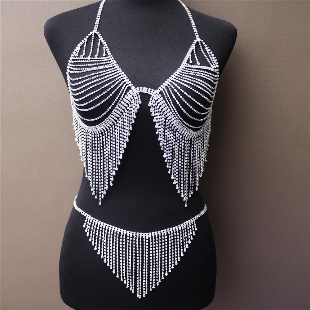 Fashion Rhinestone Body Chain Set, Sexy Luxury Rhinestone Bra Shorts Set Body Chain