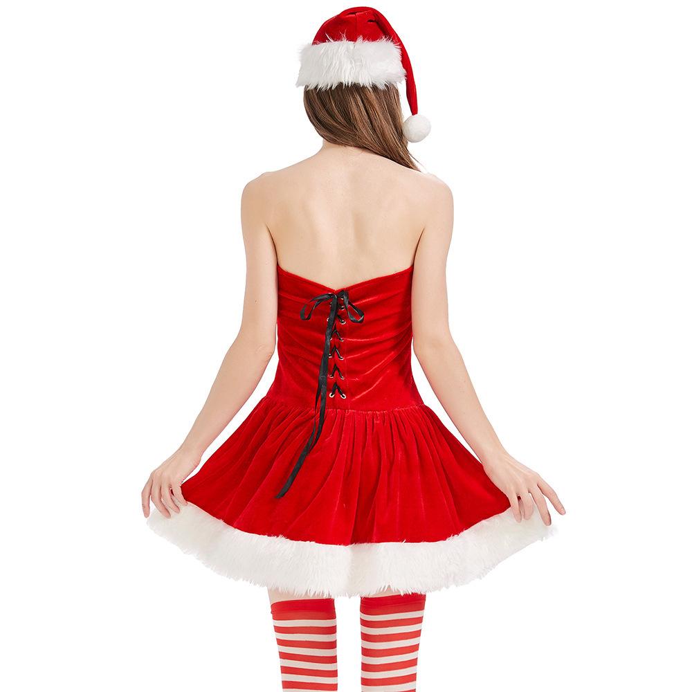 Adult Women Christmas Xmas New Year Red Velvet Stralpless Short Dress Halloween Role Play Dress Up Cosplay Costume