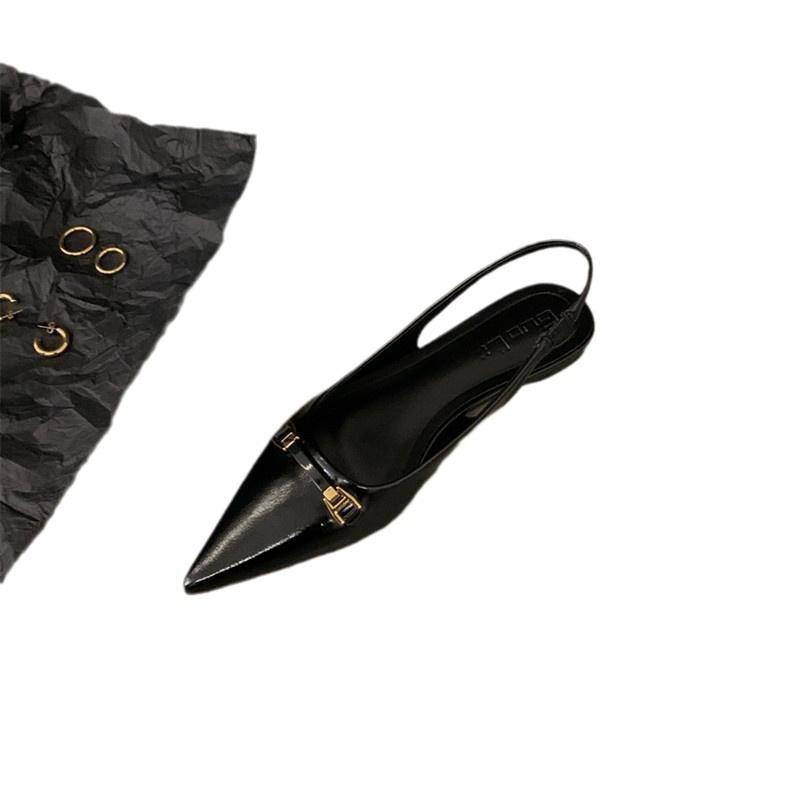 2025 new summer French flat-bottomed non-slip black bag head sandals women's versatile rhinestone pointed temperament single shoes