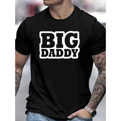 Rozmiary europejskie Męska Koszulka z Graficznym Nadrukiem 'Big Daddy' - Czarna z Białym Nadrukiem Litery, Duży Rozmiar, Okrągły Dekolt, Krótki Rękaw, Codzienna Koszulka do Codziennych Stylizacji