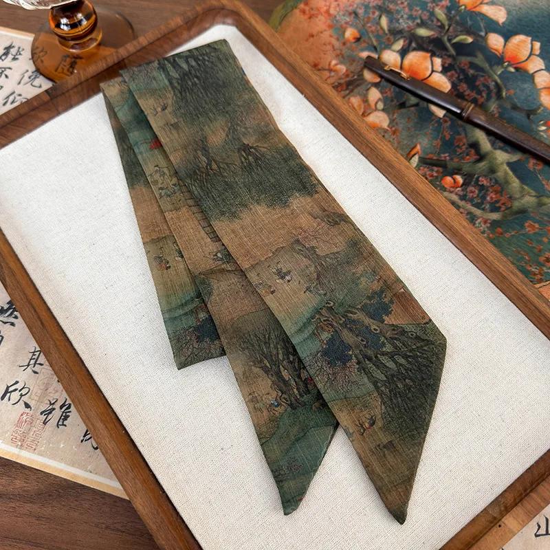 New Chinese Style Ribbon Headband Bow Hair Ring Hair Rope Butterfly Printing Silk Scarf Woman Tied Hair Turban Fashion Headdress