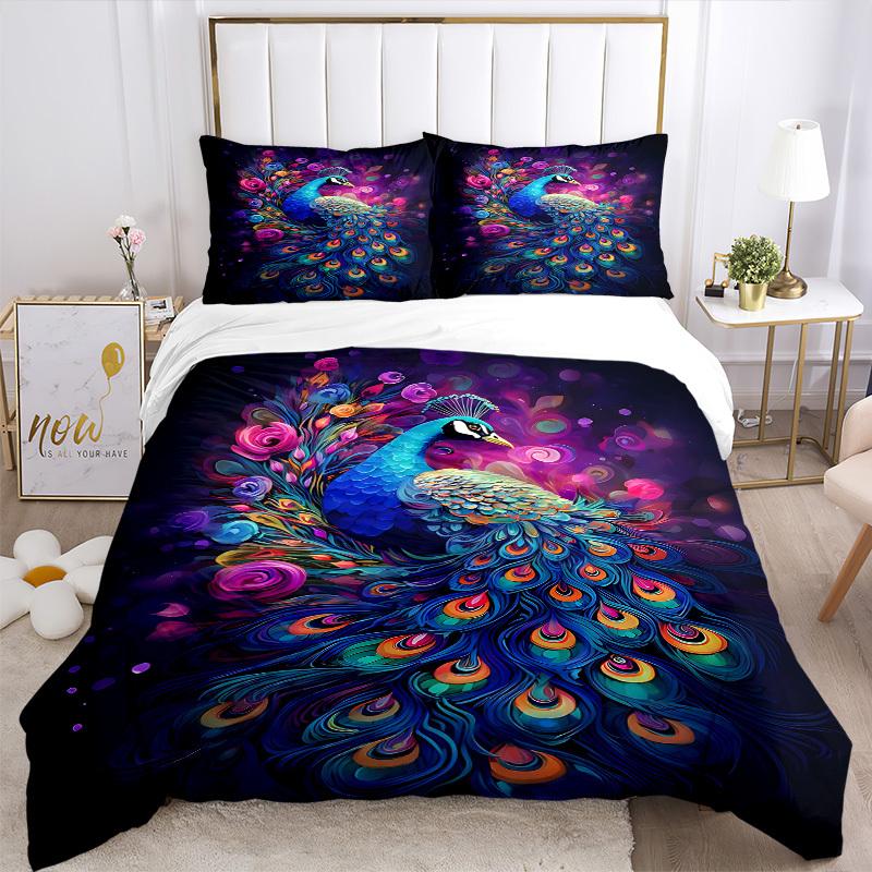 3pcs Animal-themed Peacock Flowers Soft and Comfortable Breathability, Bedding Set, Machine Washable, Suitable for All Seasons148