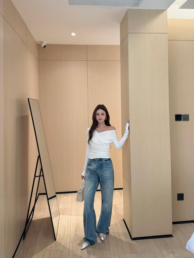 American retro simple jeans men's and women's high street versatile design sense washed and old straight trousers trendy brand