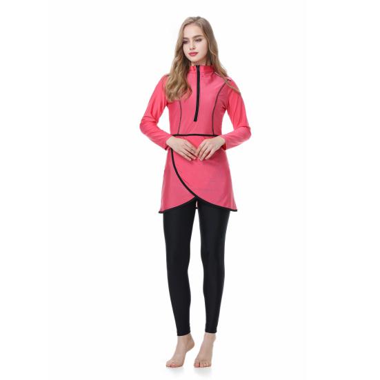 Conjunto de 3 Peças/Conjunto Feminino Maiô Dividido Saia Frontal Fechamento Seguro com Zíper Proteção UV Tops Calças Compridas para Natação Conjunto com Lenço de Cabeça