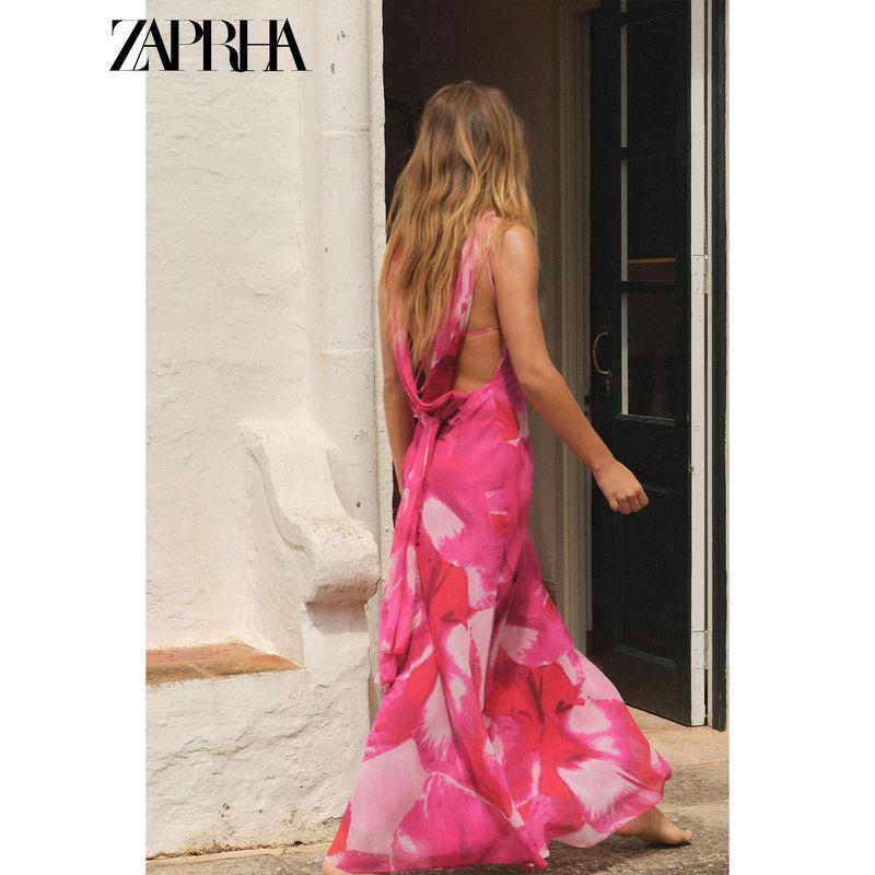 Zaprha 2025 Summer New Women clothes V-neck Thin Scarf Decoration Print Backless Long Dress 3322307