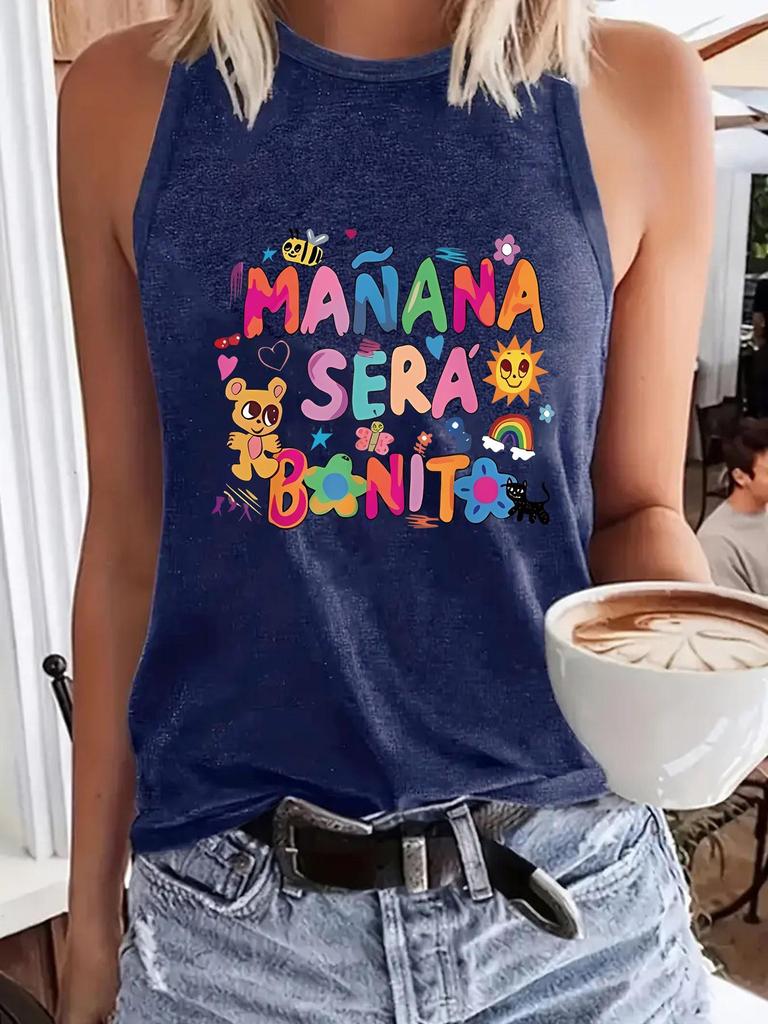 Colorful Letter Print Round Neck Sleeveless Vest - Spring/Summer Casual Top for Women