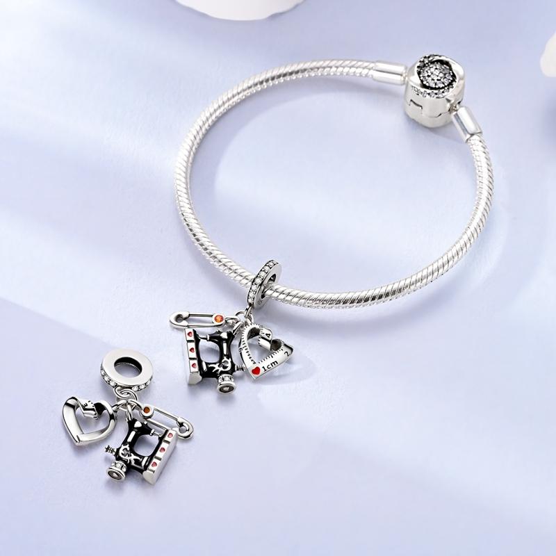 Original Copper Sewing Machine Scissors Charms Bead Inlaid Pink Zirconium Pendants Fit Bracelet Jewelry Lover Gift