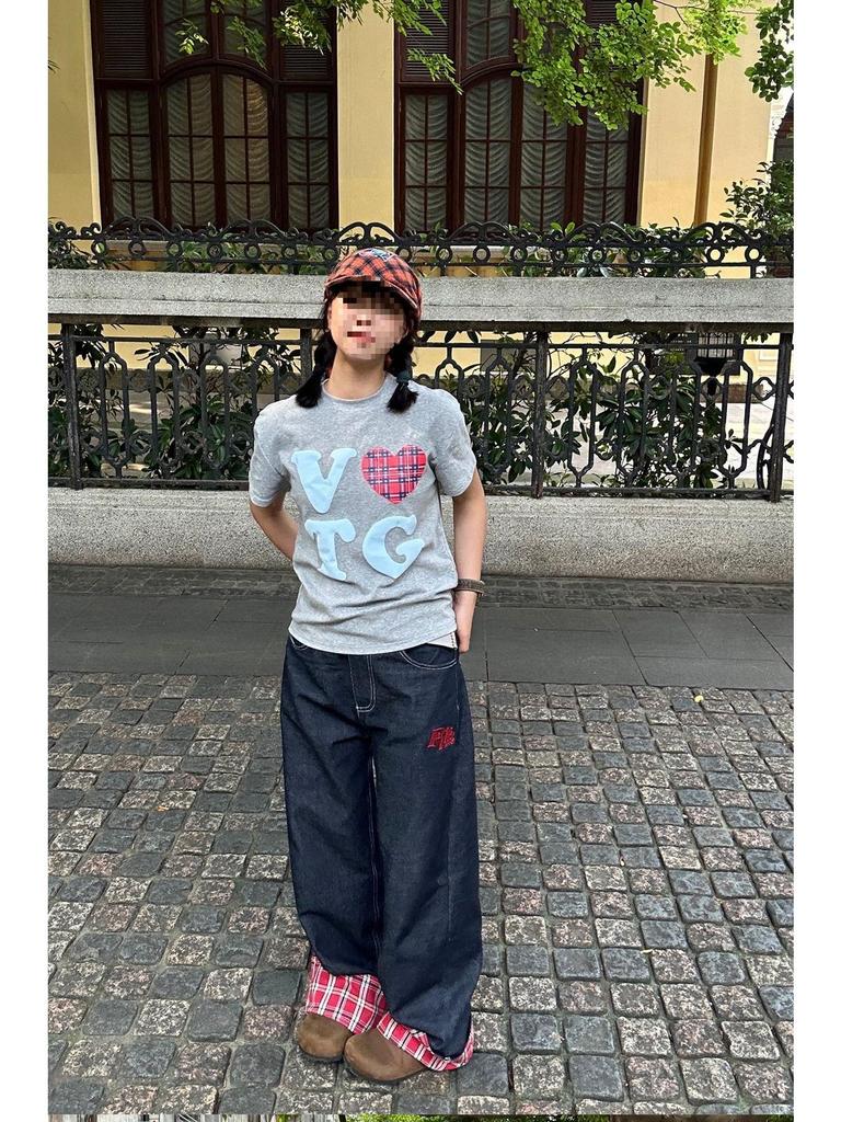 Męskie Jesienne Dżinsy w Kratę z Szerokimi Nogawkami, Podwinięte - Luksusowe, Luźne, Proste