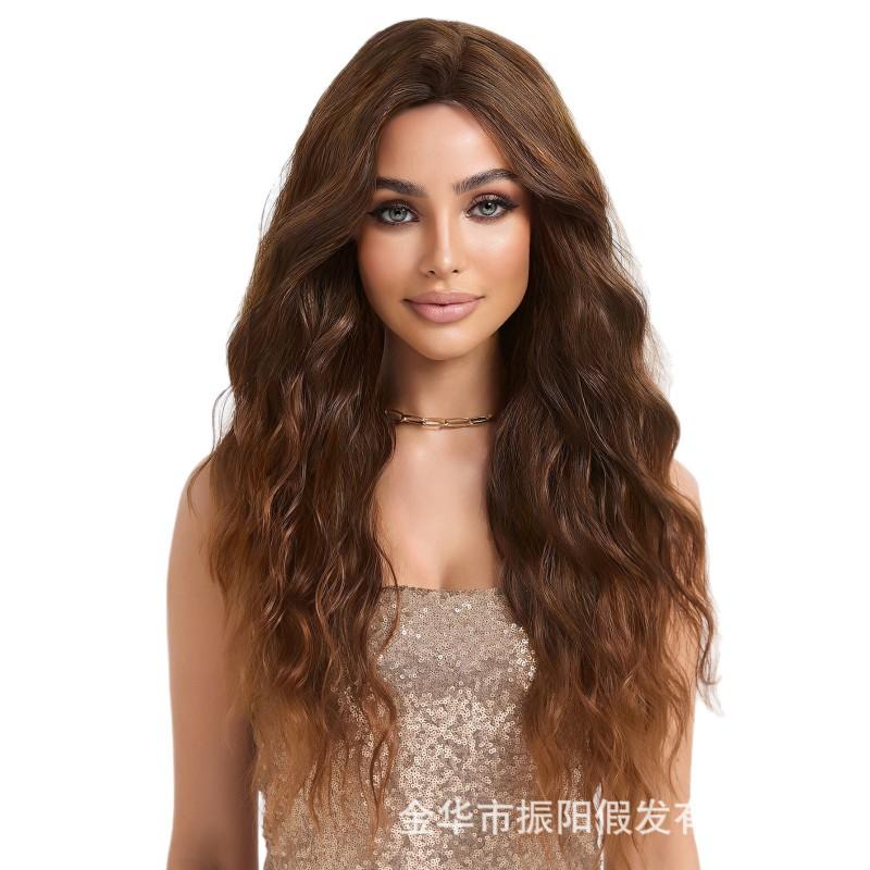 Realistic Long Wavy Brown Ombre Wig Women Middle Part Full Cap Synthetic Hairpiece Heat Resistant Fiber
