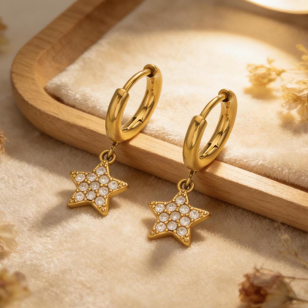 18K Gold-Plated Star Pendant Zircon Earrings for Women - European & American Style