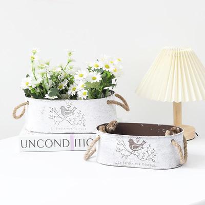 Ovaler Blumentopf aus Metall im Vintage-Stil mit Hanfseil für Sukkulenten und Grünpflanzen