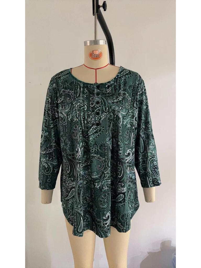 Übergröße Paisley-Print Langarm-Knopf-T-Shirt für Damen