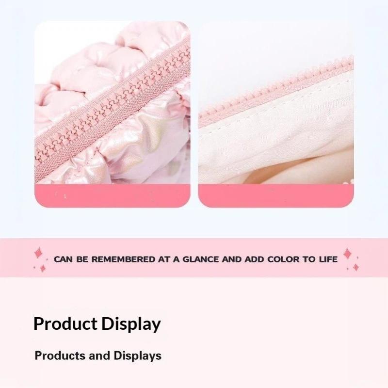 Iridescent Pink Puffy Makeup Bag With Bubble Grid Design Large Capacity For Travel Daily Cosmetic Storage