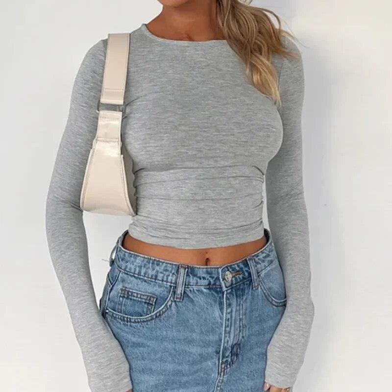 T-shirt Y2K Printemps et Automne T-shirts Décontractés pour Femmes T-shirt à Manches Longues T-shirt Uni Slim Pull T-shirt Haut Bas pour Femmes Blusas 29879