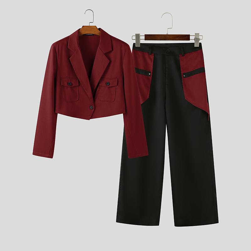 

INCERUN 2PCS Men Outfits Long Sleeve Cropped Blazer and Long Pants Casual Sets 5XL вино красного