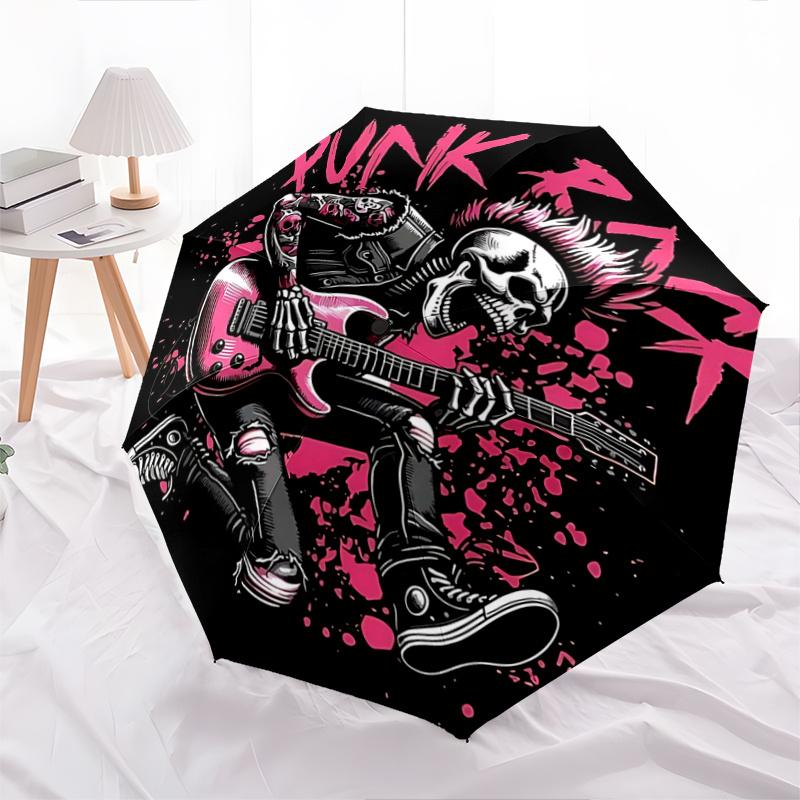 

1pc Punk Rock Skeleton with Punk Rock Logo - Automatic Opening Umbrella, Portable Folding Design, 8-Bone Iron Frame Outdoor Umbrella, Festival Gi