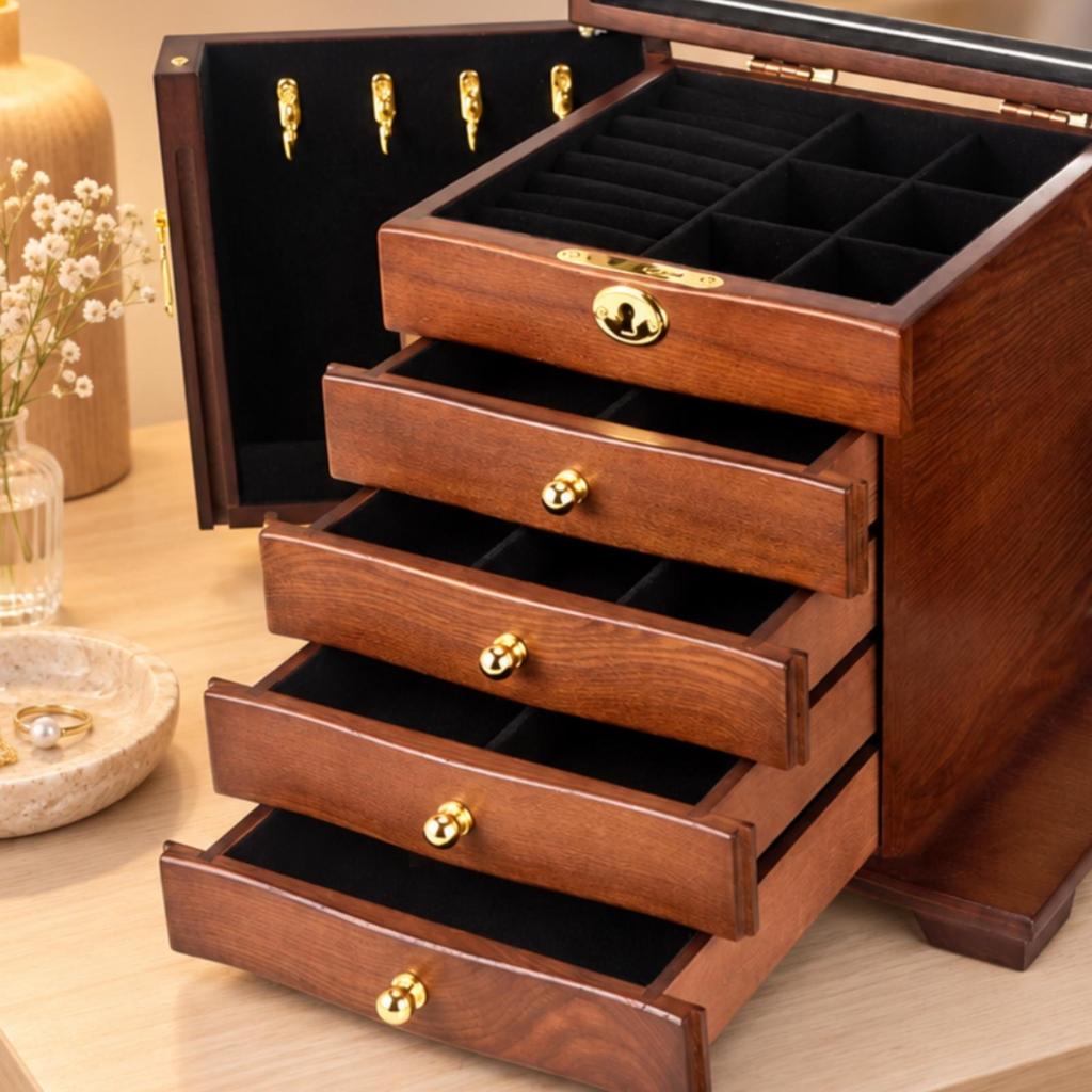 Jewelry Box with Drawers and Side Compartments Solid Wood