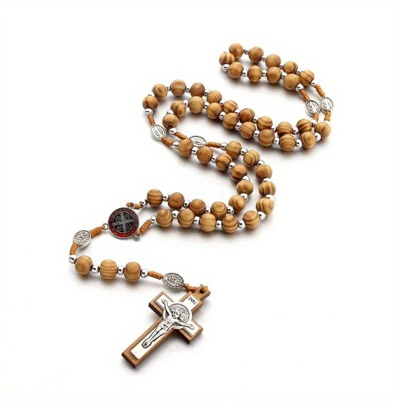 Hand-woven Exorcism Rosary Wood Beads Alloy Benedict Retro Prayer Cross Rosary Car Decor