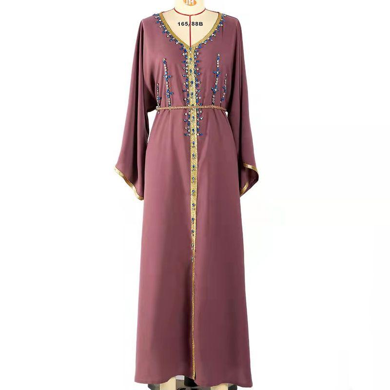 European and American Hand-Stitched Diamond Net Red V-neck Lace-up Dress Hand Stitched Diamond Dress