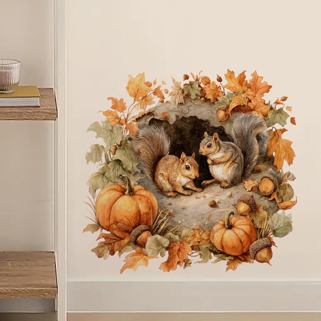 Autumn Squirrel Wall Sticker Featuring Two Squirrels Perched in Tree Holes. Pumpkins and Autumn Leaves Surround Them.