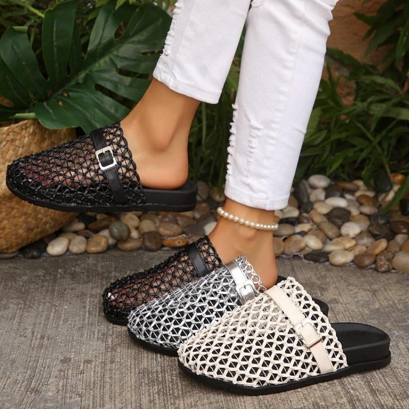 Sandale tip mules plate pentru femei, cu plasă respirabilă, decupate, cu cataramă metalică, cu vârf închis, Încălțăminte casual confortabilă.