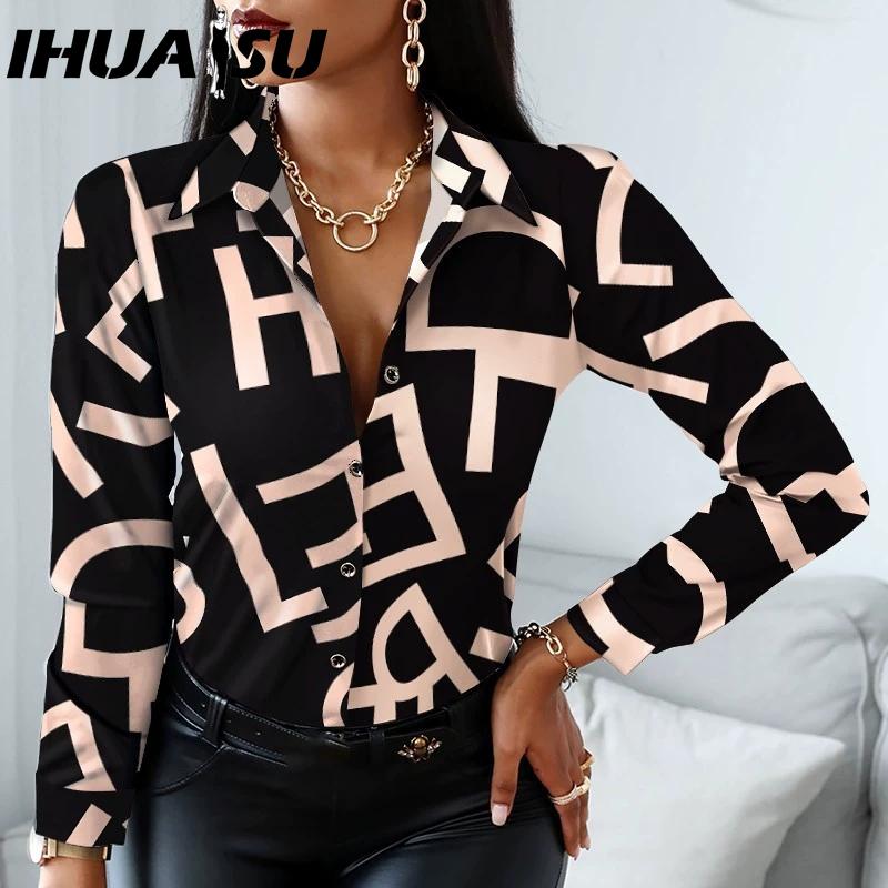 

IHUASU Женские модные повседневные блузки и рубашки с длинным рукавом и воротником поло XXL