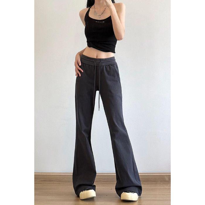 Women's Gray Low-Waist Flare Pants - 2025 Spring Drawstring Casual Slimming Straight Leg Trousers