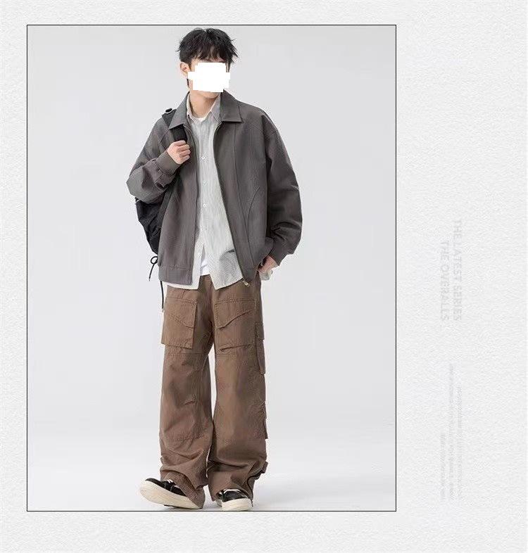 Men's American Retro Versatile Loose Jacket - Autumn Solid Color Fashion with Simple Lapel and Zipper