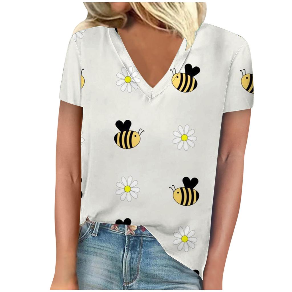 vintage women bee print t shirt short sleeve v neck tops comfortable t-shirts