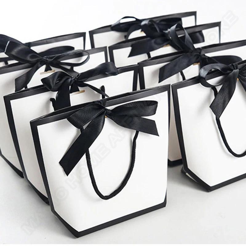 50pcs Ribbon Bow White Paper Tote Gift Bags with Handles Shopping Party Wedding Party Birthday Retail Bags