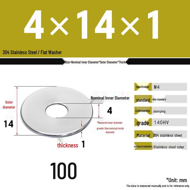304 Stainless Steel Thickened Flat Washer Set, Sizes 2-36