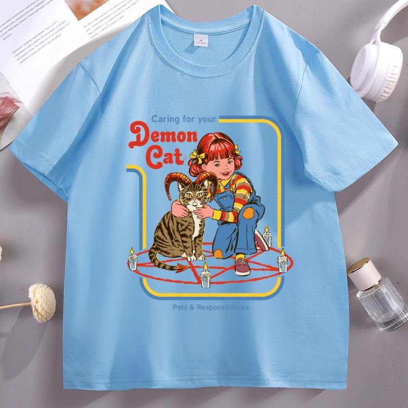 Caring for Your Demon Cat Print Tshirt Unisex Women Cotton Short Sleeve T Shirt Casual Round Neck High Quality Tshirt Streetwear