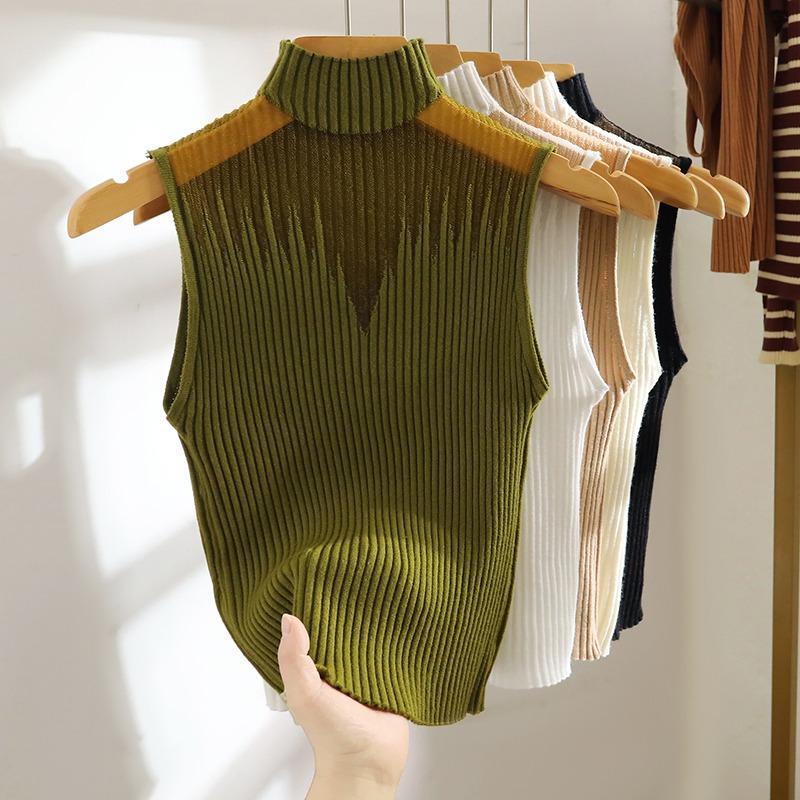 Summer New Sleeveless Casual Tank Tops Women Clothes Semi High Neck Inner Slim Fit Women's Tanks Camis Elegant Solid Simple Knit Lady Tank Vest 26151