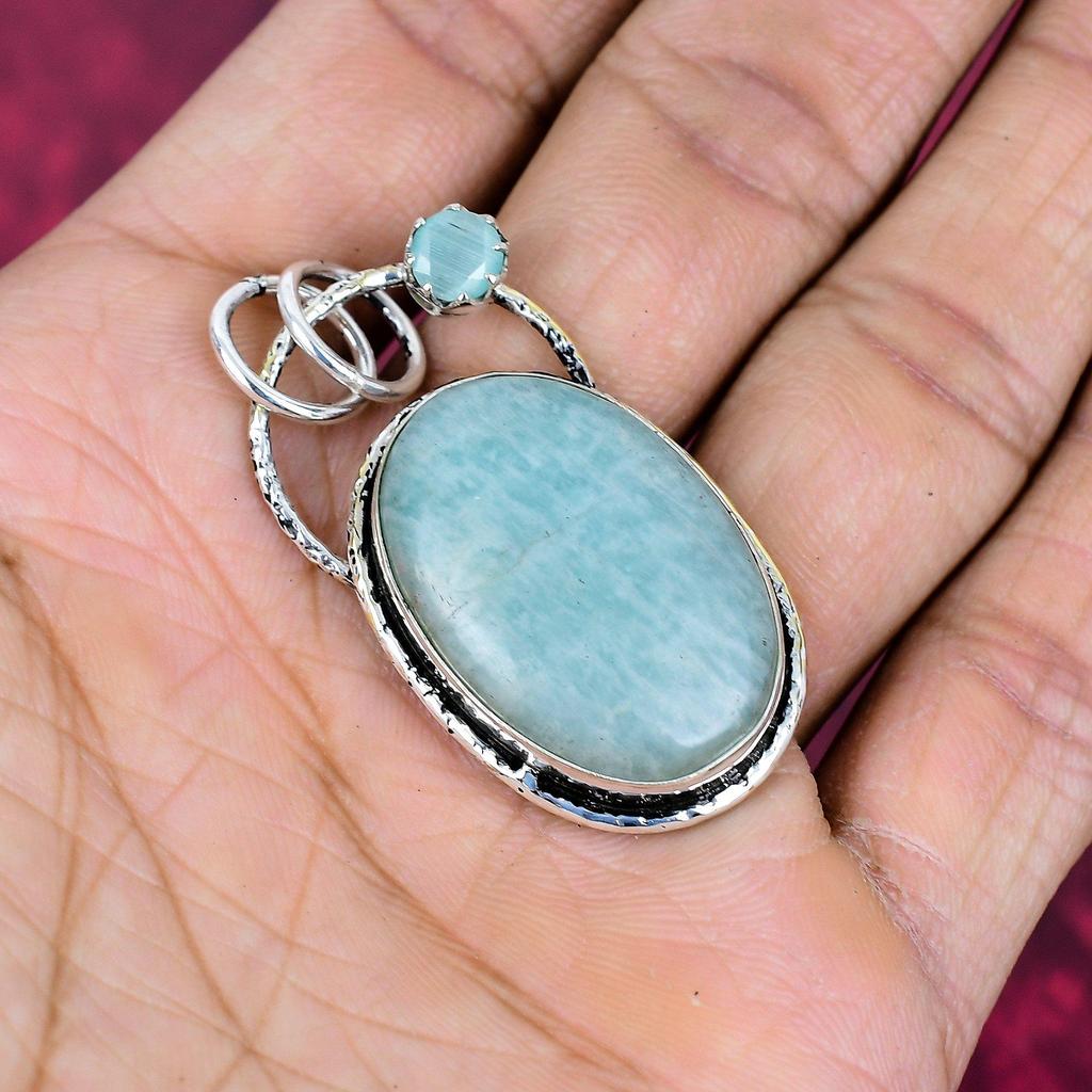 Amazonite & Aqua Chalcedony Gemstone Jewelry, 925 Solid Sterling Silver Pendant, Handmade Boho Amazonite Pendant For Gift
